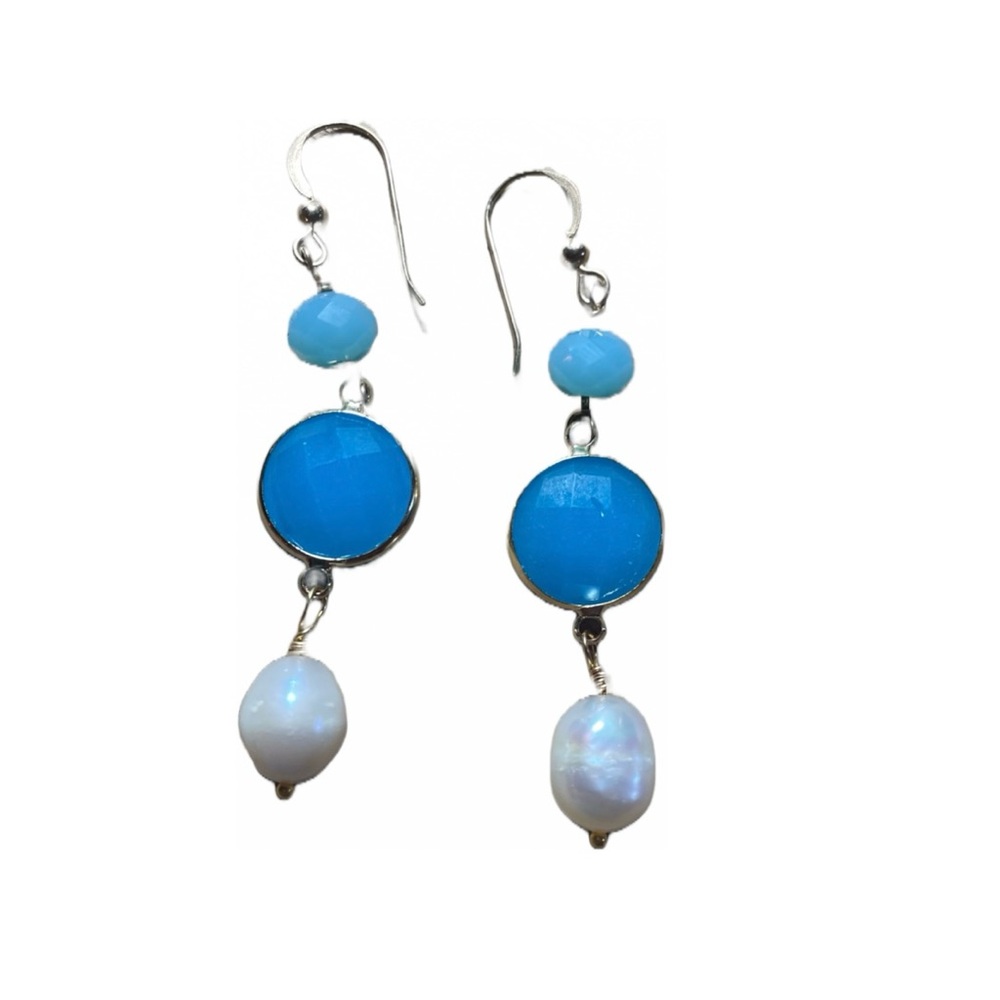 Pearl white barrel,Blue Jade, Blue Calcedony,  Lustrous Pearl. 14K wire. - Picture 4 of 5